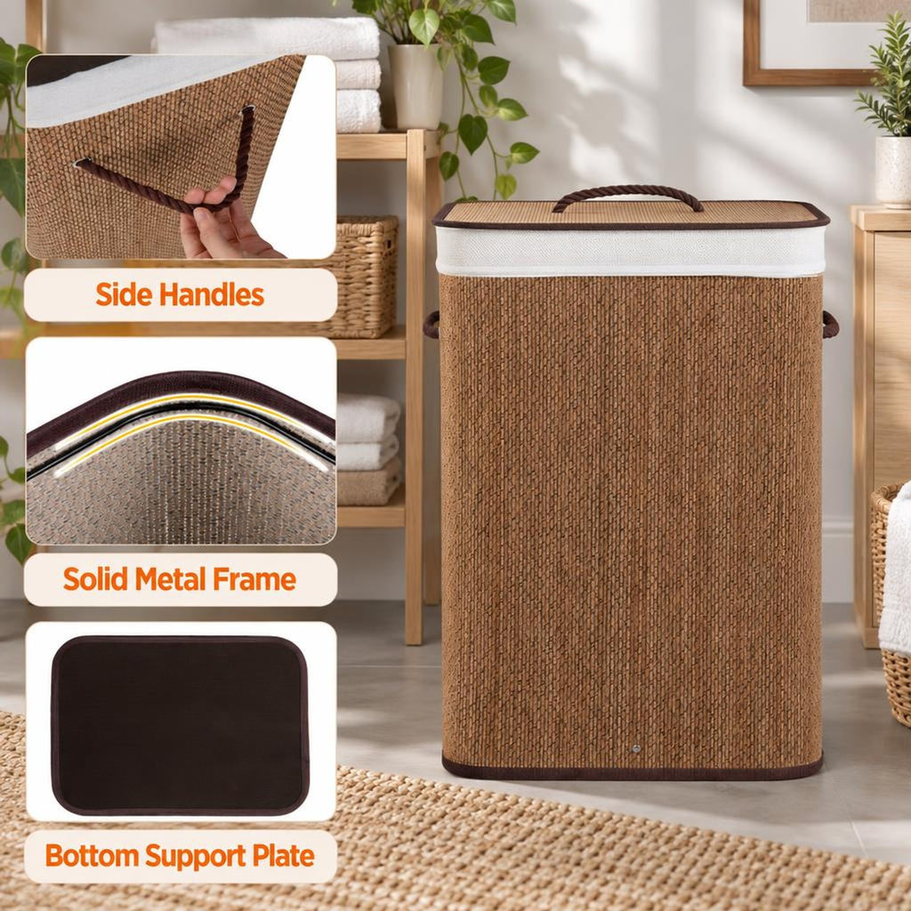 Airfind 19 Gal Capacity Bamboo Clothes Hamper with Removable Liner and Portable Handles, 22 lbs Capacity, 16.5 x 12.5 x 24 Footprint, Brown