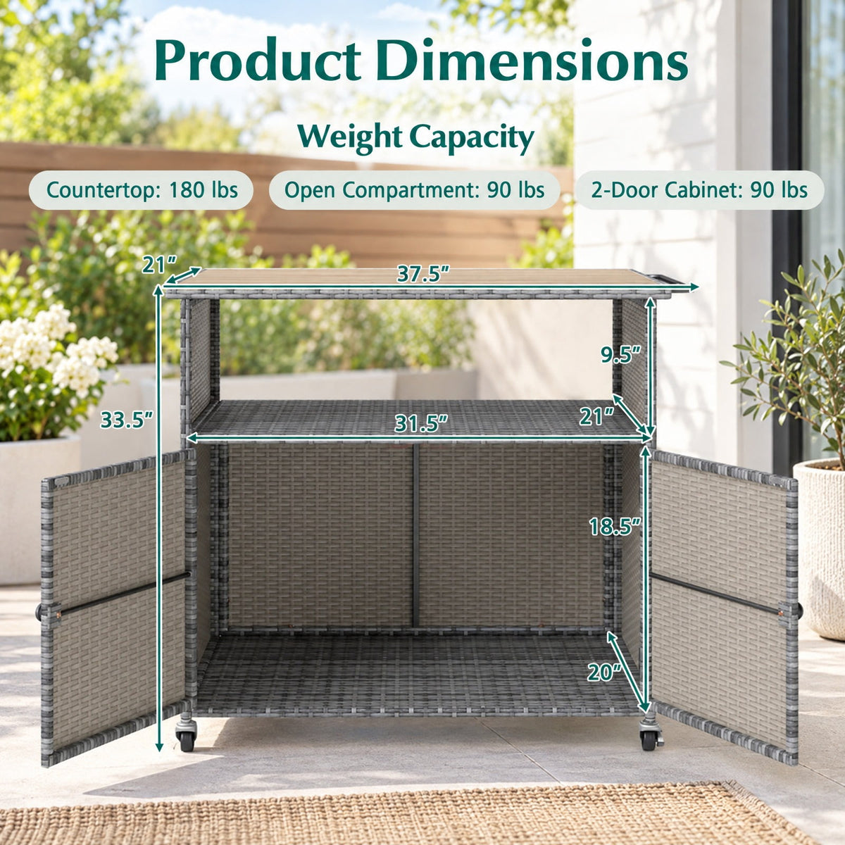 Airfind Outdoor Storage Cabinet with Acacia Wood Top and Lockable Wheels, 180 lbs Capacity, PE Rattan Acacia Wood Metal Frame, Gray