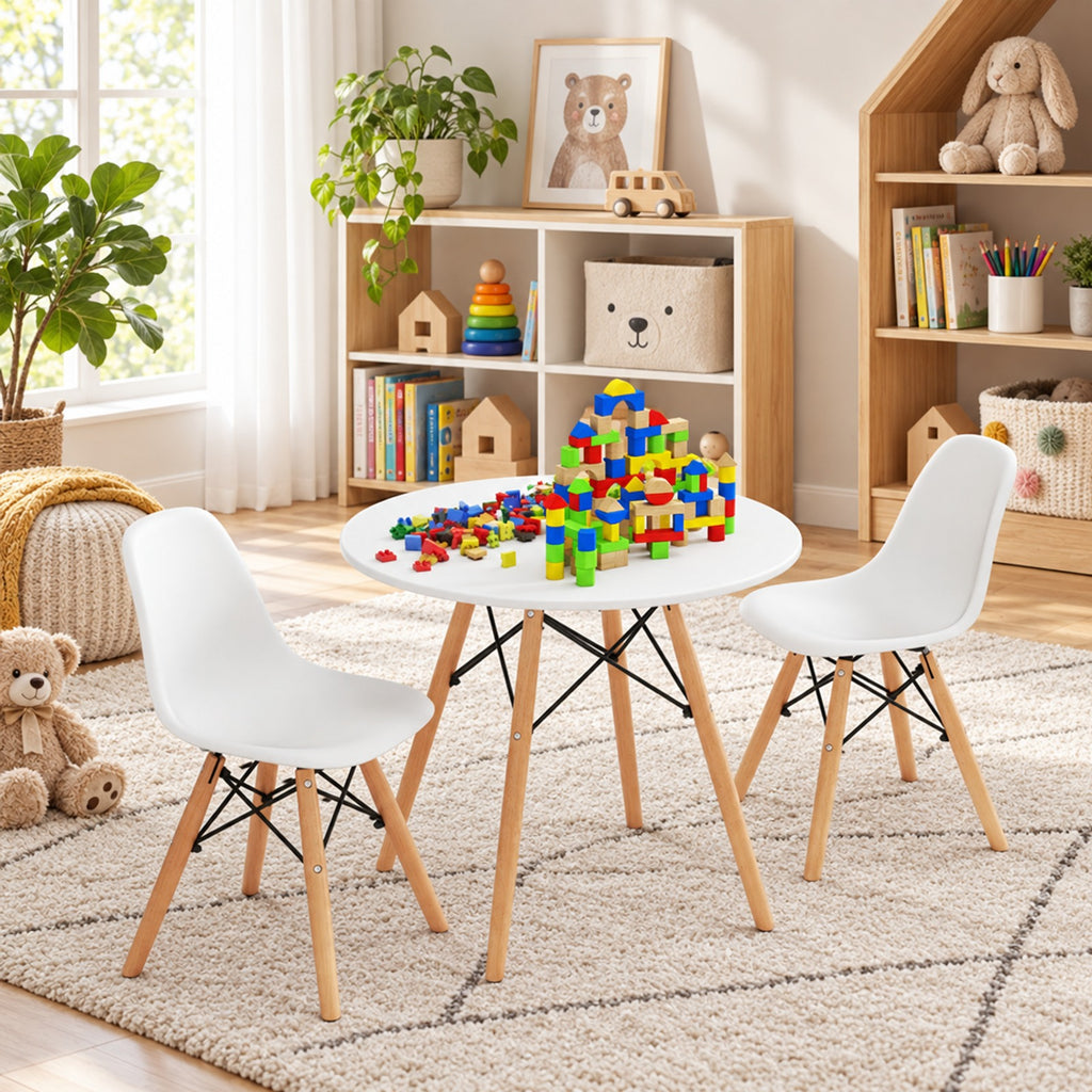 Airfind Kids Modern Dining Table Set with 2 Armless Chairs, 110 lbs Capacity, MDF PP beech wood and iron Frame, for 3-12years old, White