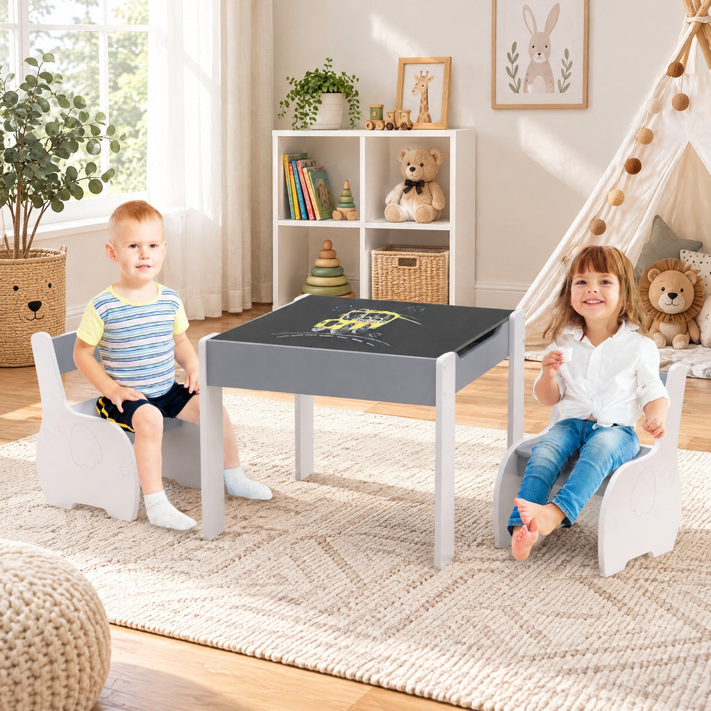 Airfind 4-in-1 Wooden Activity Kids Table and Chairs with Storage and Detachable Blackboard, 66 lbs Capacity, MDF Frame, for 3-6 Years old, Gray