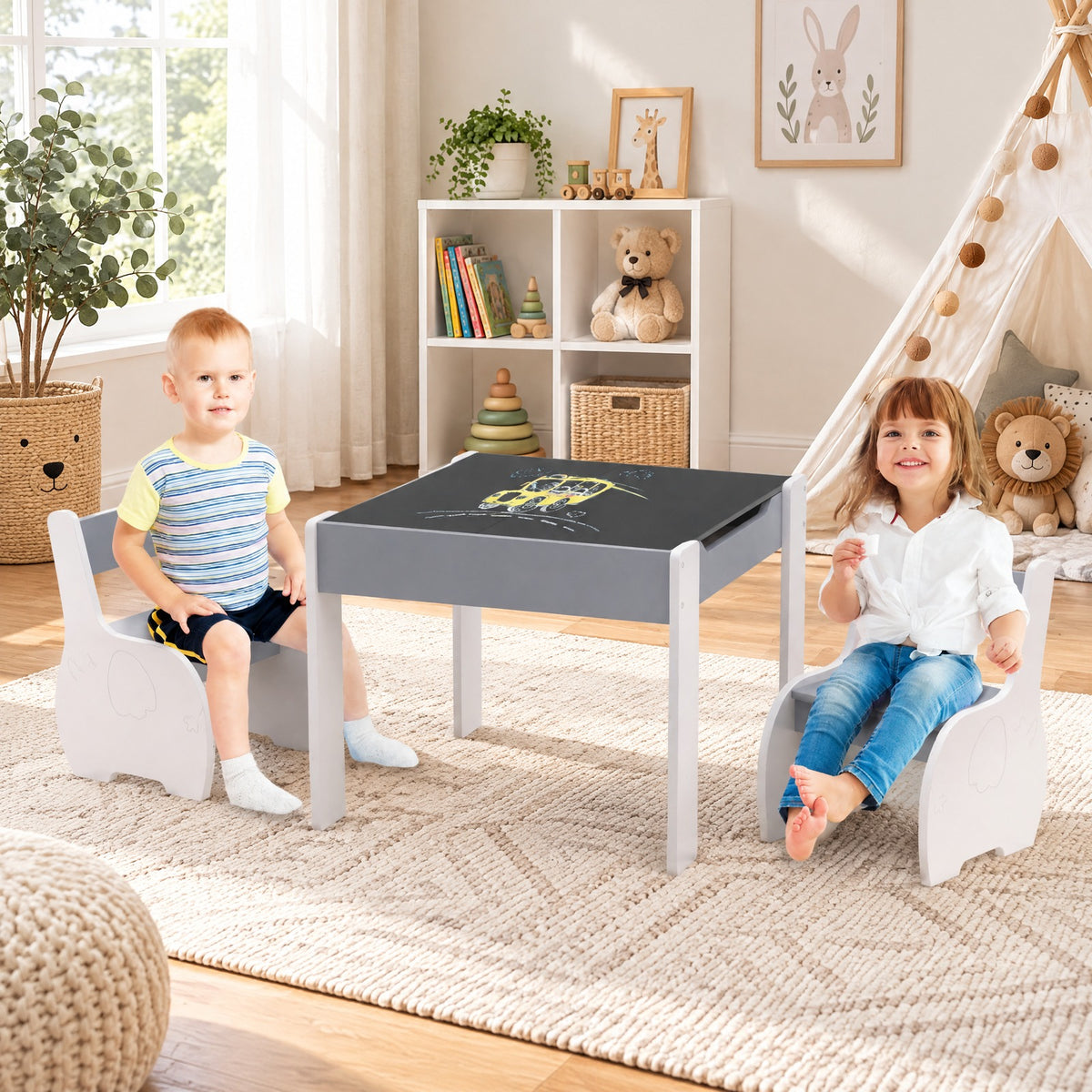 Airfind 4-in-1 Wooden Activity Kids Table and Chairs with Storage and Detachable Blackboard, 66 lbs Capacity, MDF Frame, for 3-6 Years old, Gray