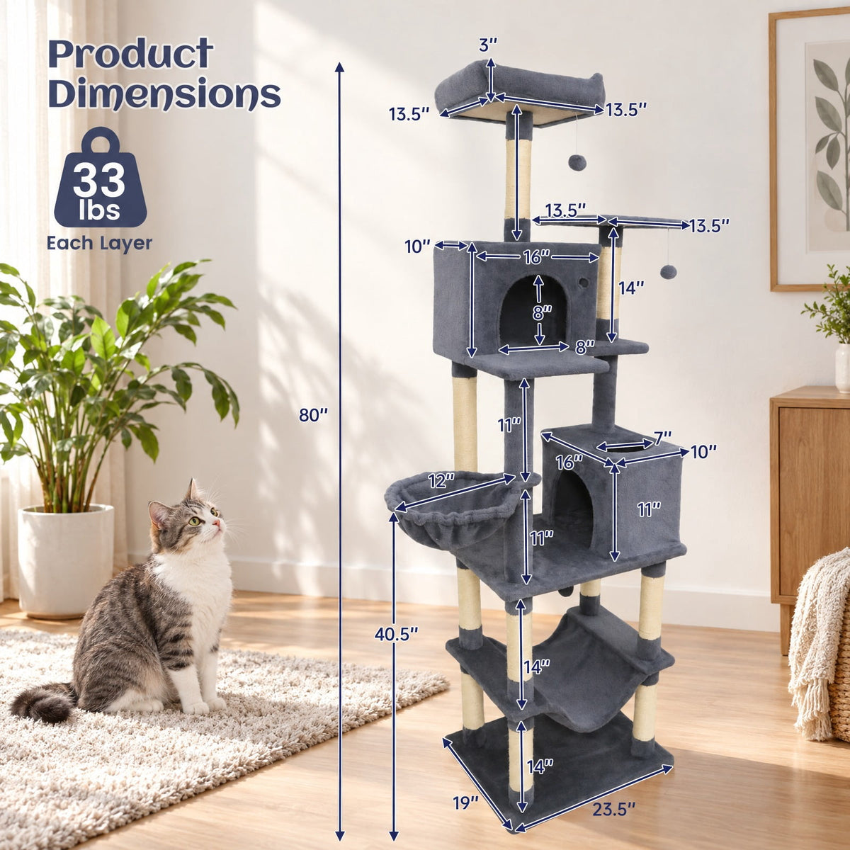 Airfind 80 Inches Tall Cat Tree with 2 Large Condos and Dangling Toys, 33 lbs Capacity, Engineered Board Sisal Plush Fabric Sponge Frame, Dark Gray