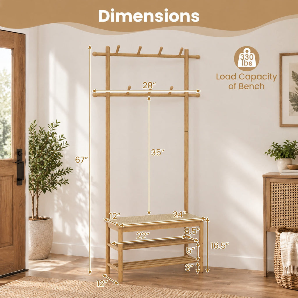 Airfind Bamboo Coat Rack PE Rattan Hall Tree with Bench and Shoe Storage 3-In-1 Entryway Bench, 11 Lbs Capacity, Bamboo PE Rattan, Natural