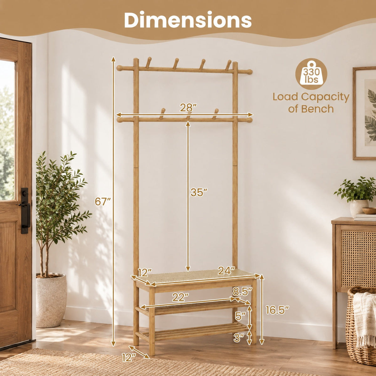 Airfind Bamboo Coat Rack PE Rattan Hall Tree with Bench and Shoe Storage 3-In-1 Entryway Bench, 11 Lbs Capacity, Bamboo PE Rattan, Natural
