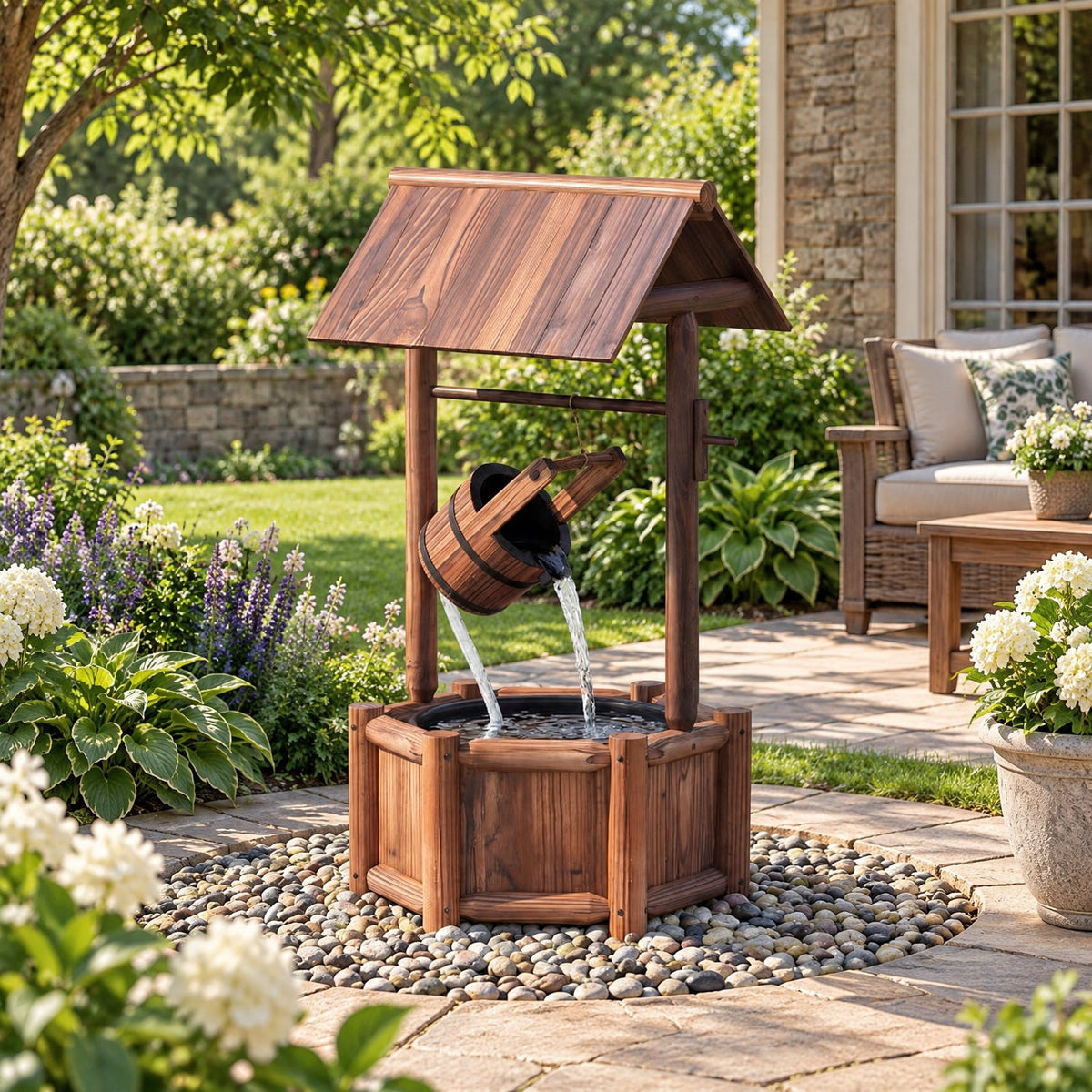 Airfind Garden Rustic Wishing Well Wooden Water Fountain with Pump, Fir Wood Frame, Product Size 24 Inch x22 Inchx 44.5 Inch (L x W x H), Unspecified