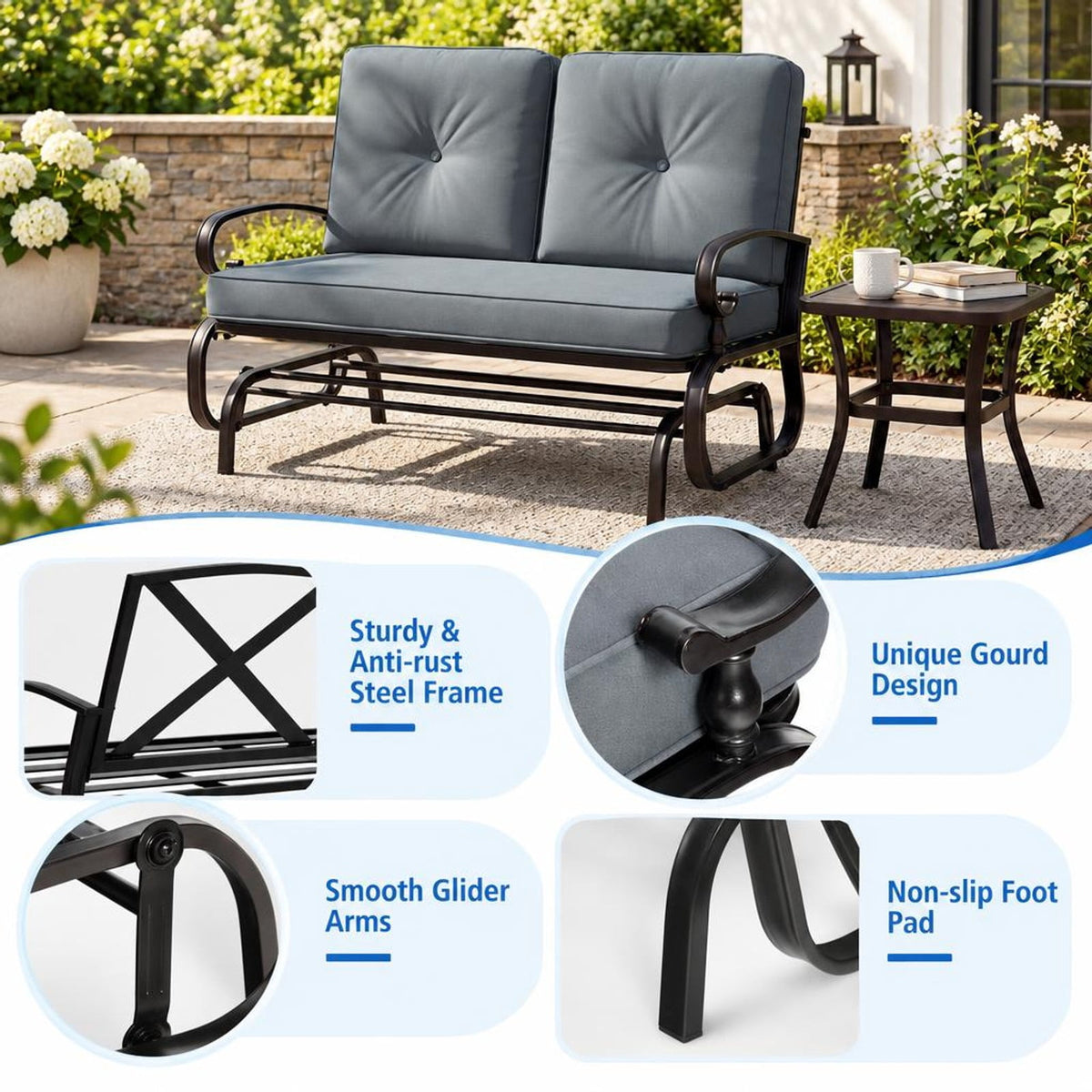 Airfind 2 Seats Outdoor Swing Glider Chair with Comfortable Cushions, 440 lbs Capacity, Steel olefin fabric foam Frame, Gray