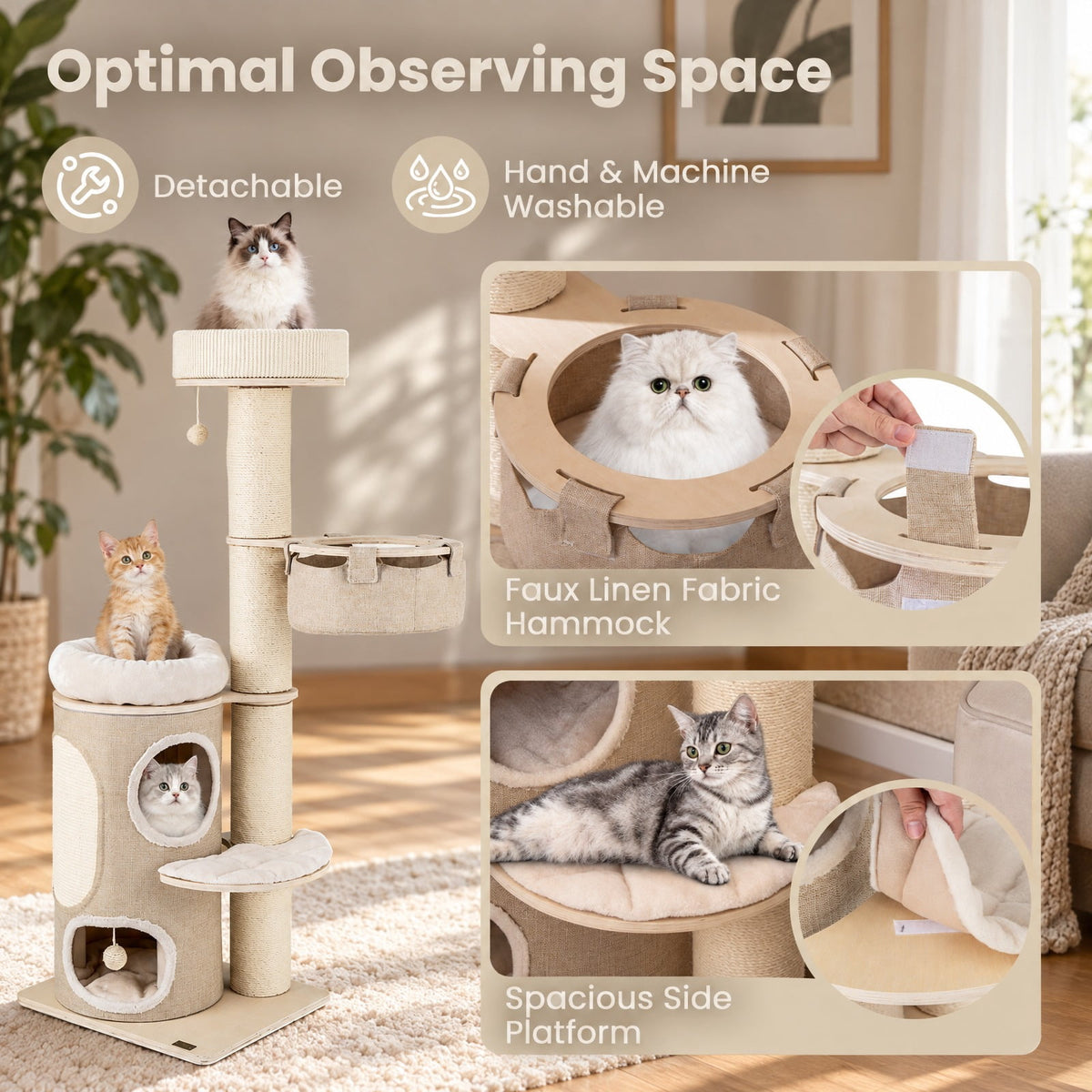 Airfind 61 Inches Cat Tree for Indoor Cats with 2-stoery Condo and Top Perch, 33 lbs Capacity, Natural