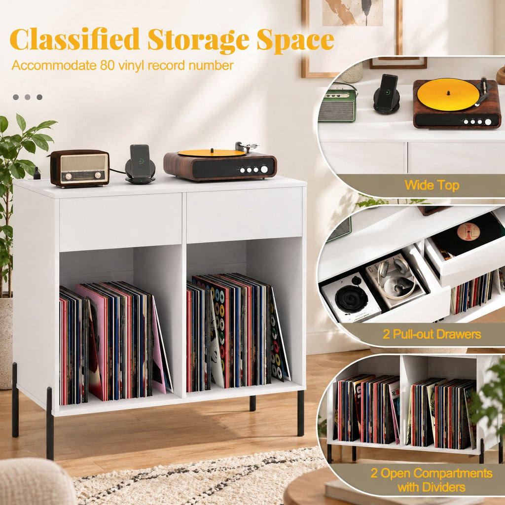 Airfind Record Player Stand with Power Outlets Double Wide Turntable Stand Vinyl Record Storage Table, 220 lbs Capacity, Engineered Wood Metal Frame