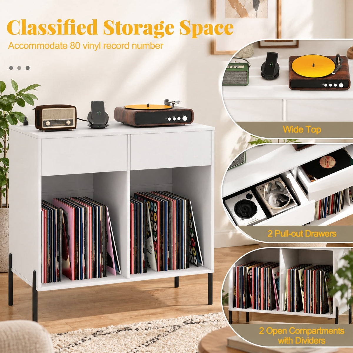 Airfind Record Player Stand with Power Outlets Double Wide Turntable Stand Vinyl Record Storage Table, 220 lbs Capacity, Engineered Wood Metal Frame