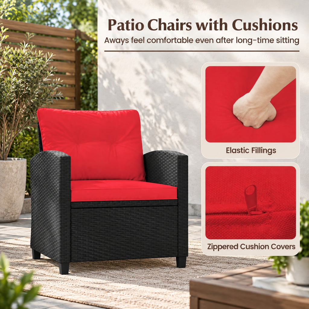 Airfind 3 Pieces Patio Furniture Set with Tempered Glass Coffee Table, 400 lbs Capacity, PE Rattan Metal Tempered Glass Polyester Sponge Frame, Red