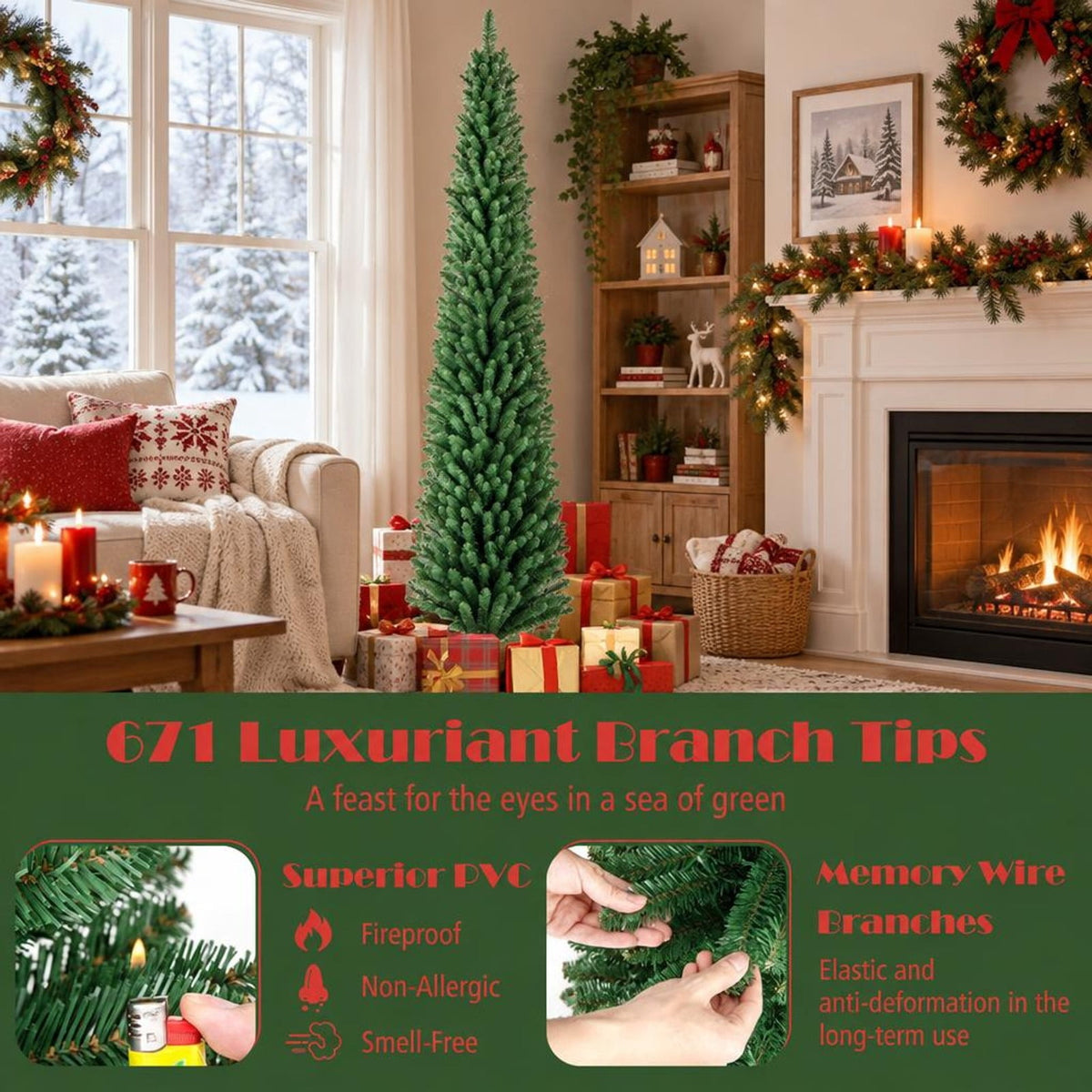 Airfind 8 Ft Prelit Pencil Christmas Tree featuring 250 Warm White LED Lights, Slim Artificial Xmas Tree with 671 Memory Wire Branch Tips, Green
