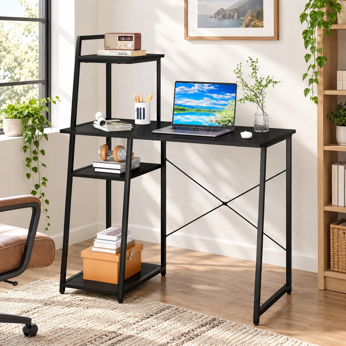 Airfind Computer Desk with Shelves and 3-Tier Storage Bookshelf, Metal Engineered Wood Frame, 39.5 x 20 x 47.5 Footprint, Black