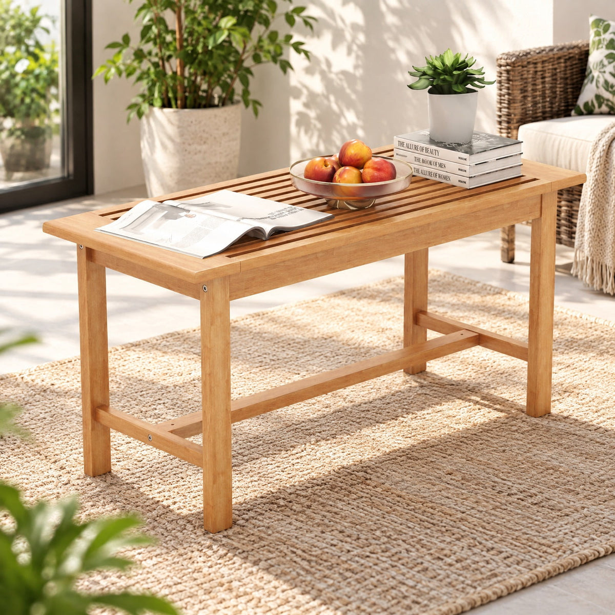 Airfind Patio Coffee Table 36 Inch Rectangular Outside Side Table with Slatted Tabletop, 145 lbs Capacity, Teak Wood Frame, Coffee