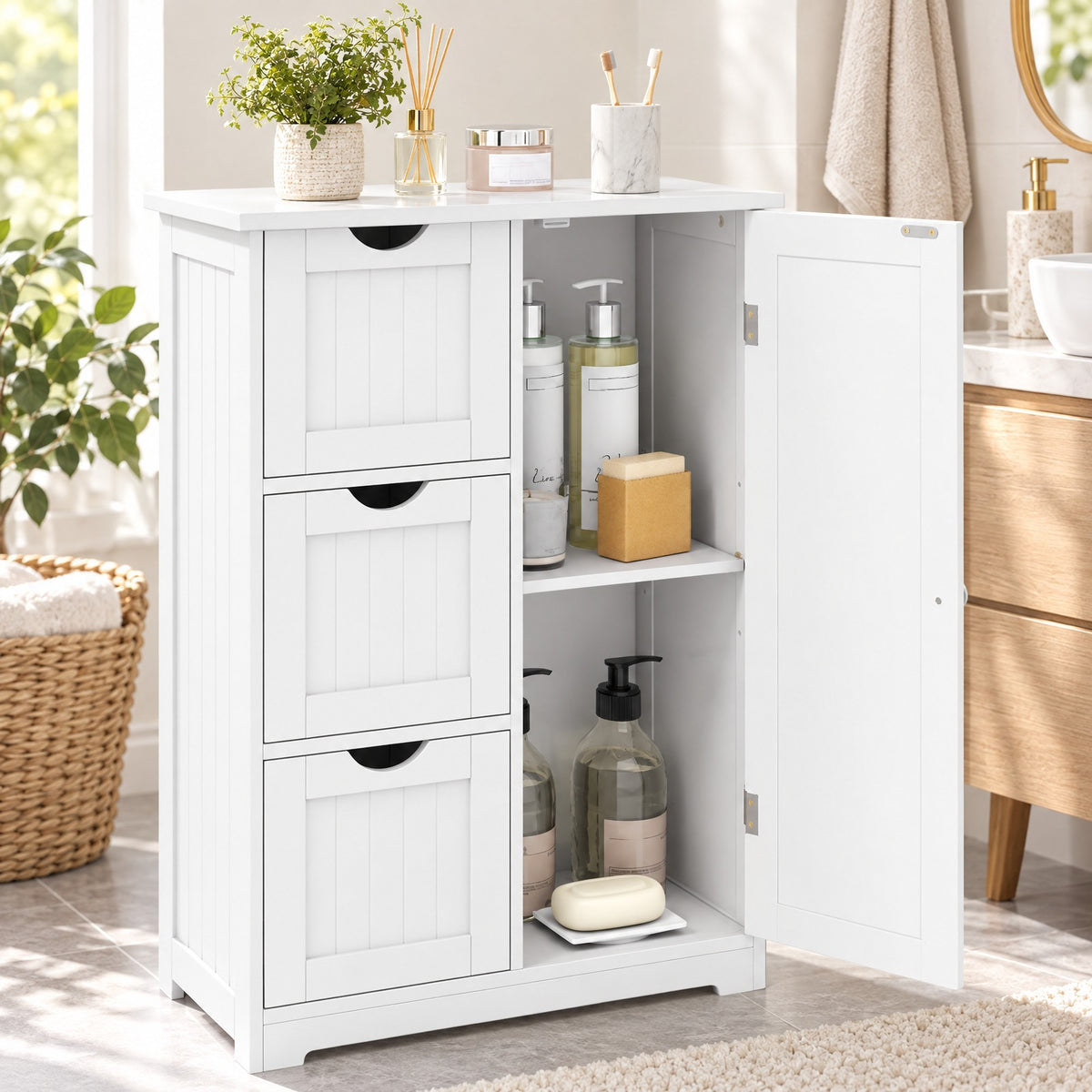 Airfind Bathroom Floor Cabinet Side Storage Cabinet with 3 Drawers and 1 Cupboard, MDF Frame, 24 x 12 x 32 Footprint, White