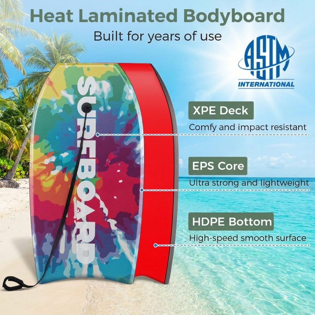 Airfind 37 Boogie Board with Wave Camo Graphic Deck ¡ª EPS Core, XPE Top, HDPE Slick Bottom, Crescent Tail, Coiled Wrist Leash