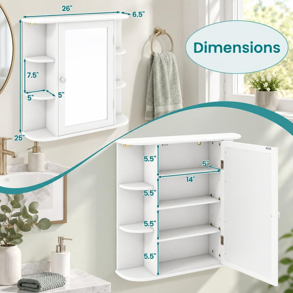Airfind Multipurpose Mount Wall Mirror Bathroom Storage Cabinet, 44 lbs Capacity, MDF Frame, 26in x 6.5in x 25in (L x W x H) Open Compartment Footprint
