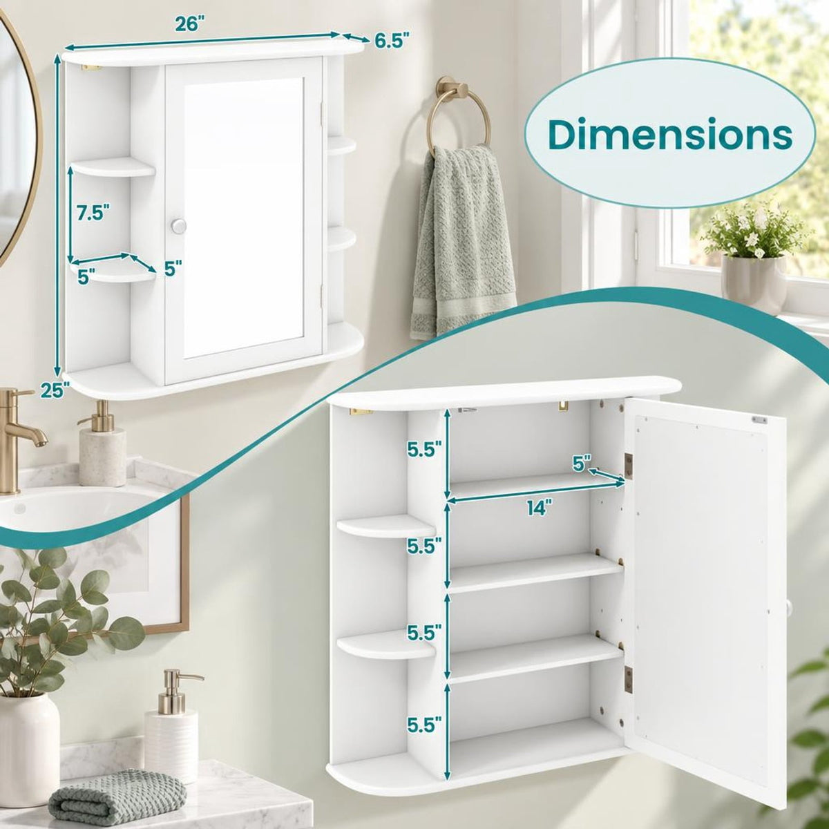 Airfind Multipurpose Mount Wall Mirror Bathroom Storage Cabinet, 44 lbs Capacity, MDF Frame, 26in x 6.5in x 25in (L x W x H) Open Compartment Footprint