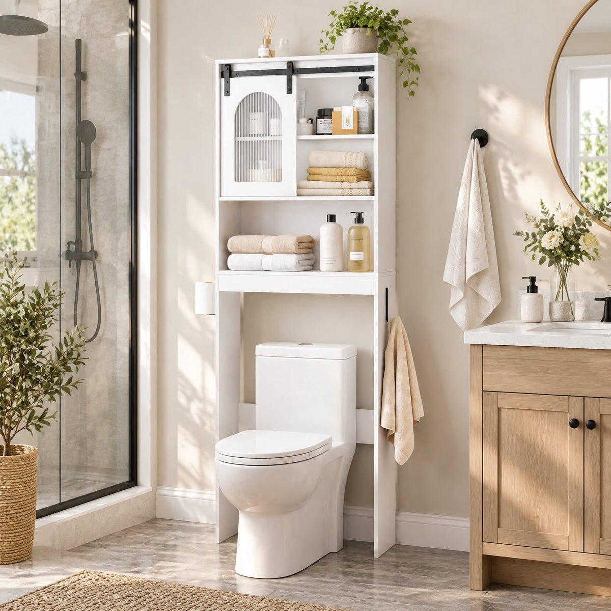 Airfind Over Toilet Storage Cabinet with Sliding Barn Door and Open Shelves for Bathroom, 44 lbs Capacity, Engineered Wood Frame, White