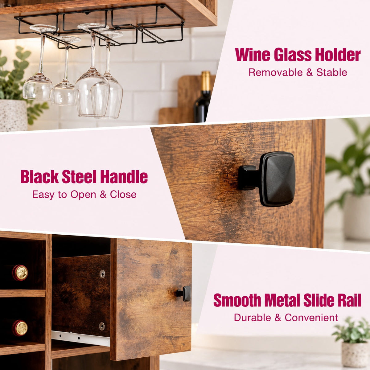 Airfind Kitchen Bakers Rack Freestanding Wine Rack Table with Glass Holder and Drawer, Engineered wood steel Frame, 31 x 16 x 64 Footprint, Brown