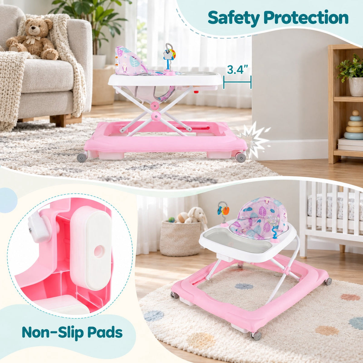 Airfind Foldable Youth Walker featuring Removable Seat and Adjustable Height for 6-12 Months, 26 lbs Capacity, PP Frame, for 6-12 Months Old, Pink