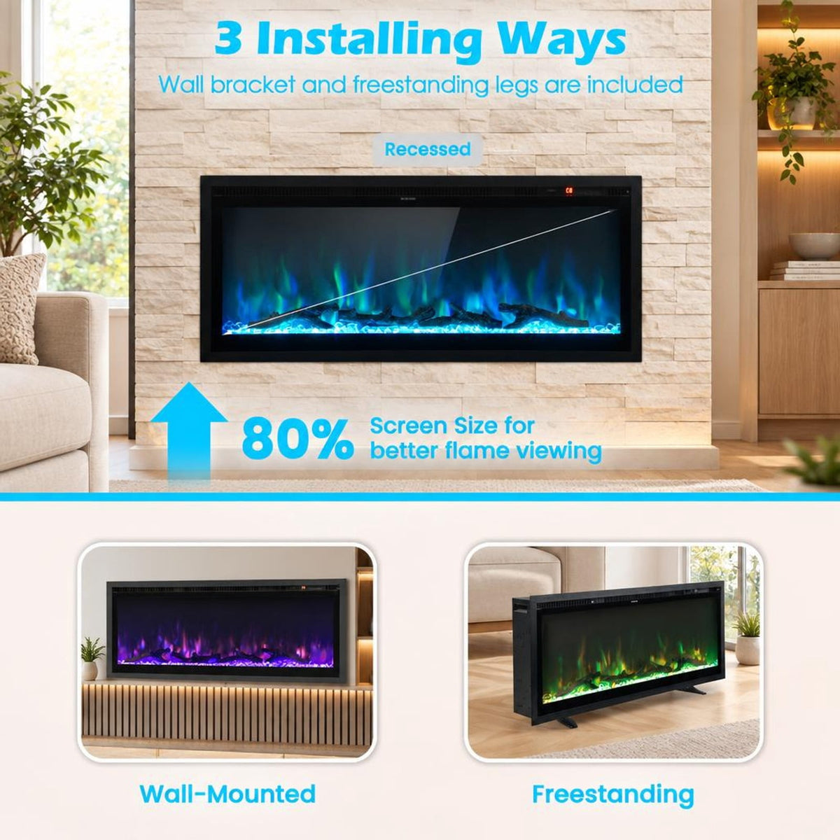 Airfind Electric Fireplace In-wall Recessed with Remote Control and Adjustable Color and Brightness-42 Inches for Everyday Use, Black