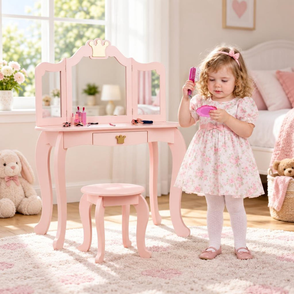 Airfind Kids Makeup Dressing Table with Tri-folding Mirror and Stool, 33 lbs Capacity, MDF pine Frame, 31.5in x 16.5in x 41.5in Footprint, Pink