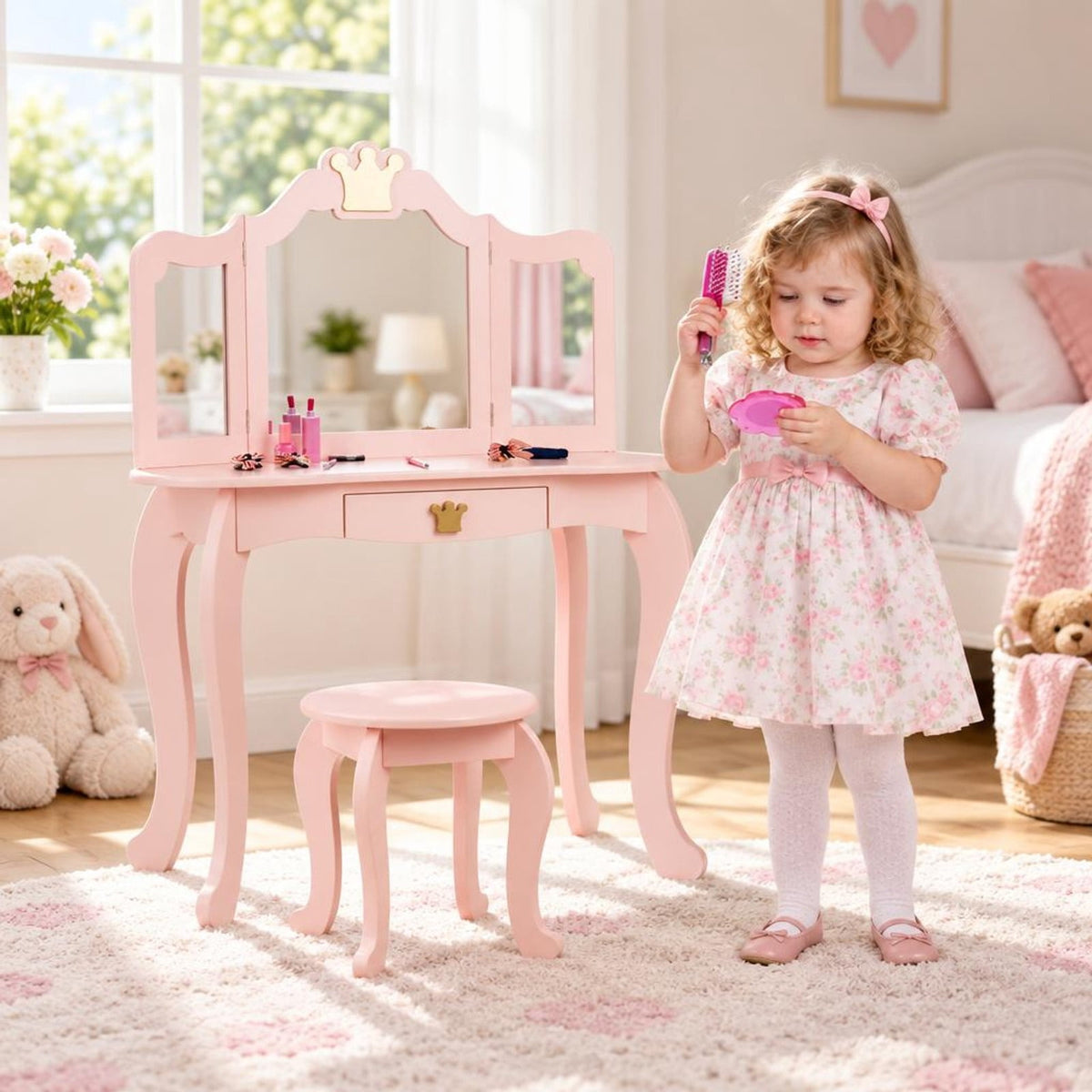 Airfind Kids Makeup Dressing Table with Tri-folding Mirror and Stool, 33 lbs Capacity, MDF pine Frame, 31.5in x 16.5in x 41.5in Footprint, Pink