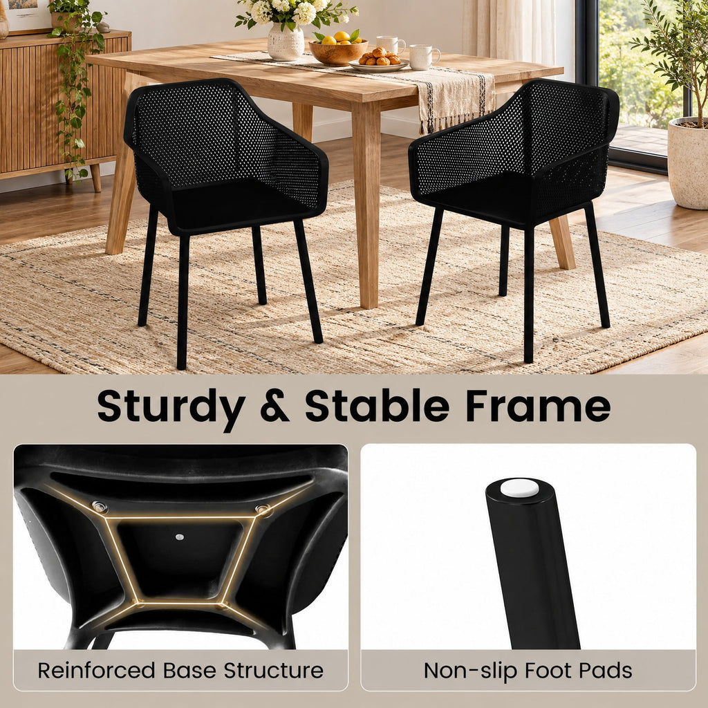 Airfind Modern Plastic Dining Chairs Set of 2 Kitchen Armchairs with Breathable Mesh Backres, 330 Lbs Capacity, PP, Black