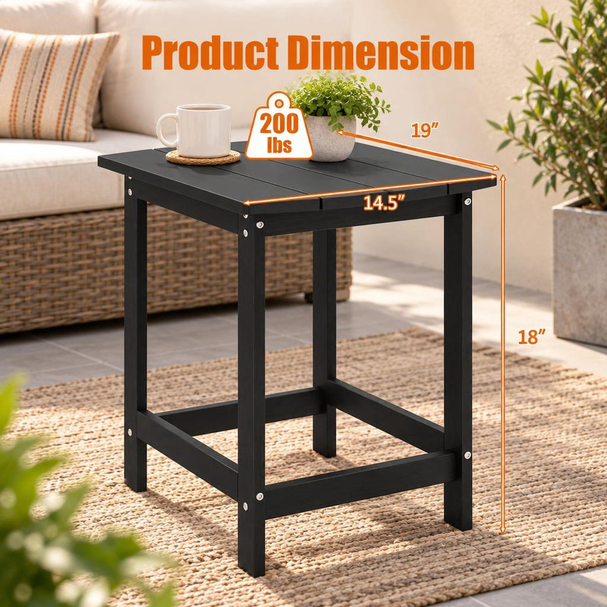 AIRFIND Outdoor Side Table, 18 inch Tall HDPE Patio End Table with Slatted Top and Stainless Steel Screws for Porch or Garden, Black
