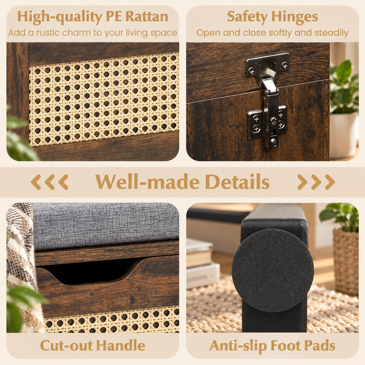 Airfind 39.5in Rattan Storage Chest Wicker Shoe Bench with Padded Seat Flip-Top, 440 lbs Capacity, Engineered Wood PE Rattan Metal Frame, Brown