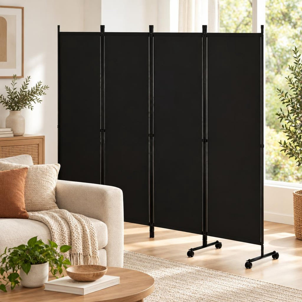 Airfind 4-Panel Room Divider with Lockable Wheels for Living Room, Polyester Fabric Metal Frame, 87in x 14in x 68in Footprint, Black