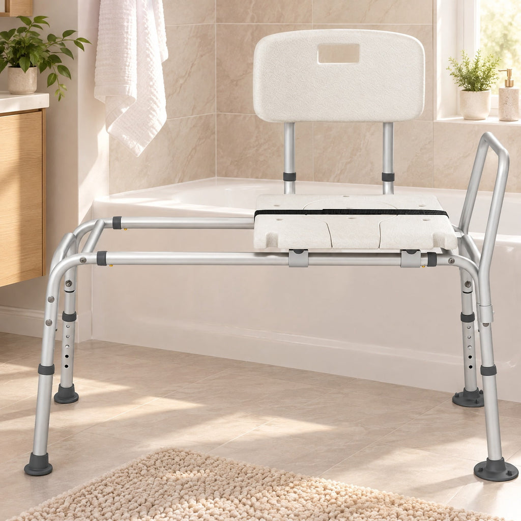 Airfind Sliding Tub Transfer Bench with Extra, 350 lbs Capacity, Aluminum Frame, 41.5 x 19.5 x 33.5-37.5 Footprint, White