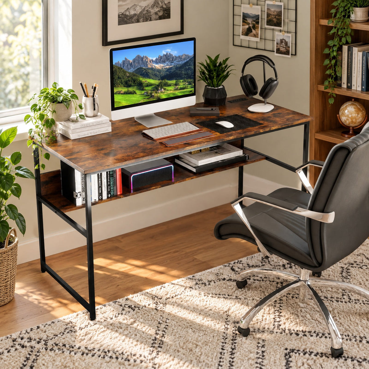 Airfind 55 x 24 inch Computer Desk with Power Outlets and USB Ports, 220 lbs Capacity, Engineered Wood Metal Frame, Brown