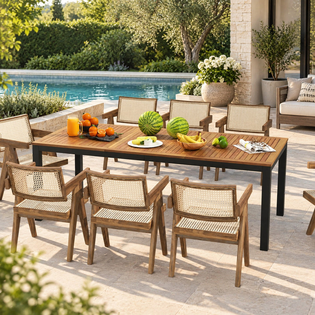 Airfind 8-Person Outdoor Dining Table 79 Inch Acacia Wood Patio Table with Umbrella Hole, Capacity 165 lbs Capacity, Acacia Wood Metal Frame, Wood