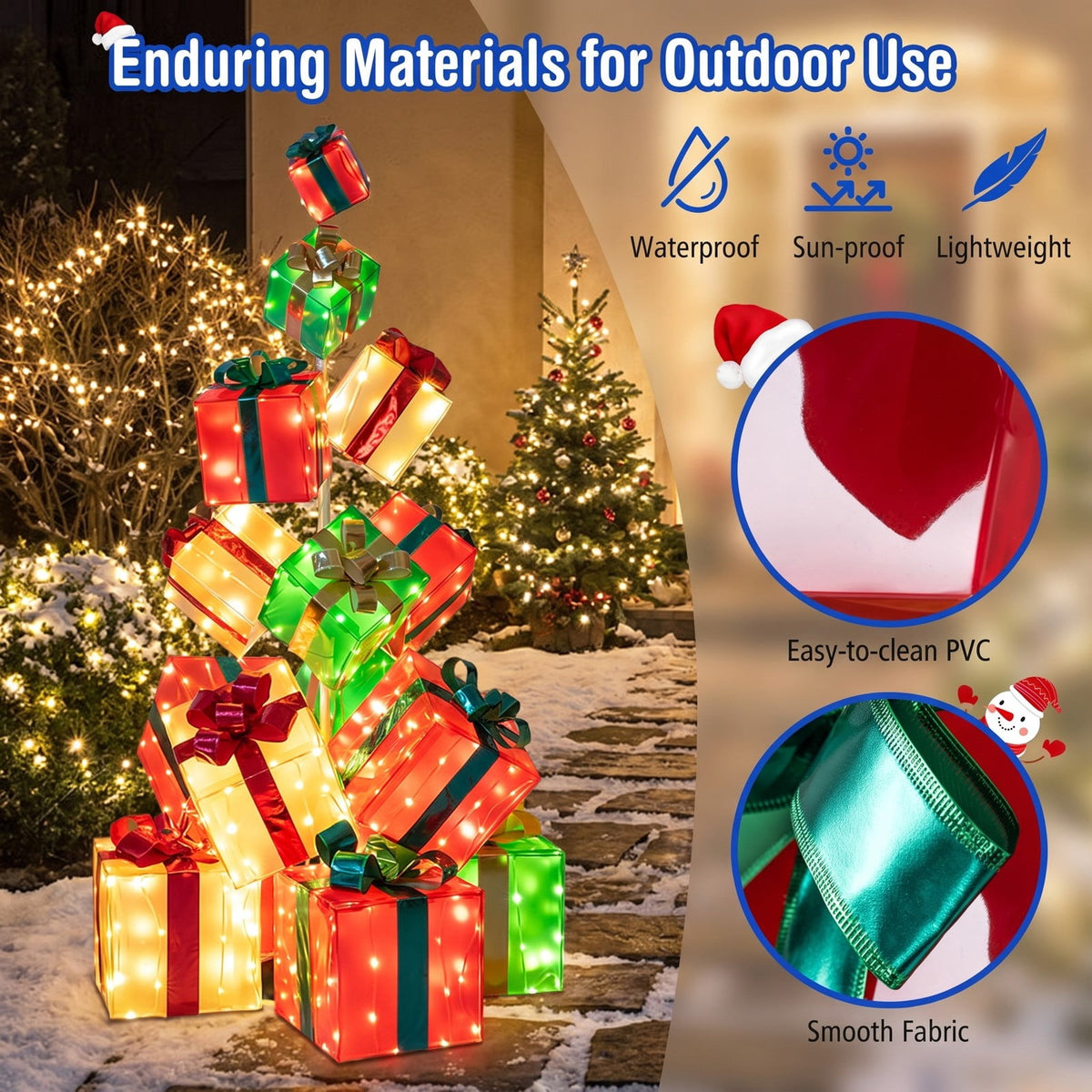 Airfind 15 PCS Lighted Christmas Boxes with Bowknot and 483 LED Light Bulbs for Indoor Outdoor, PVC Fabric Metal Frame, Red + Green + Gold
