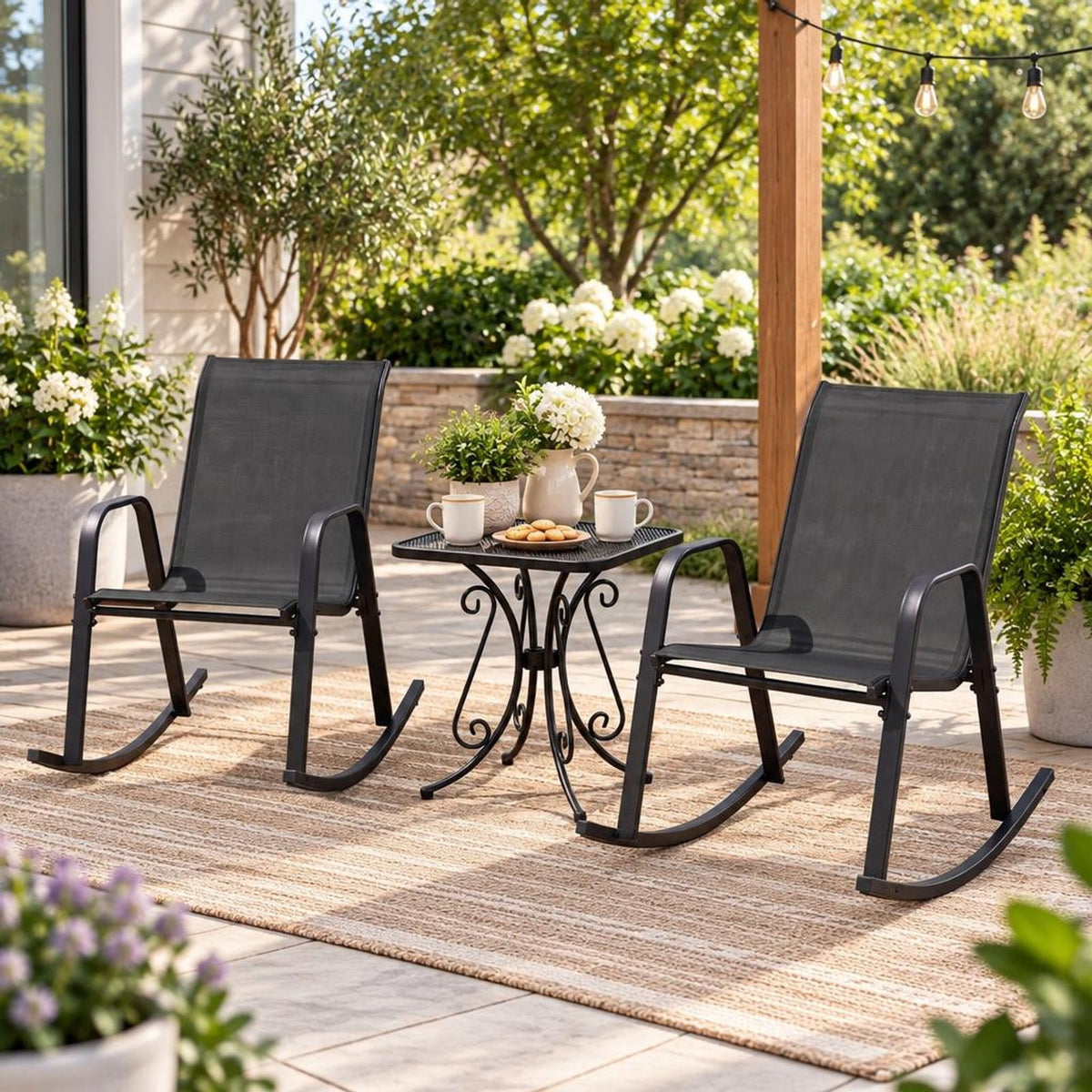 Airfind Set of 2 Metal Patio Rocking Chair with Breathable Seat Fabric, 330 lbs Capacity, Fabric Metal Frame, Black
