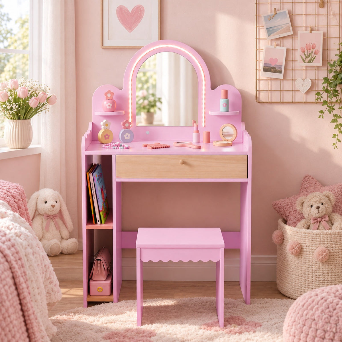 Airfind Pretend Personal Dressing Table Set with 2 Small Shelves and Compartments, 90 Lbs Capacity, Engineered Wood, for 3 and Years Old, Pink