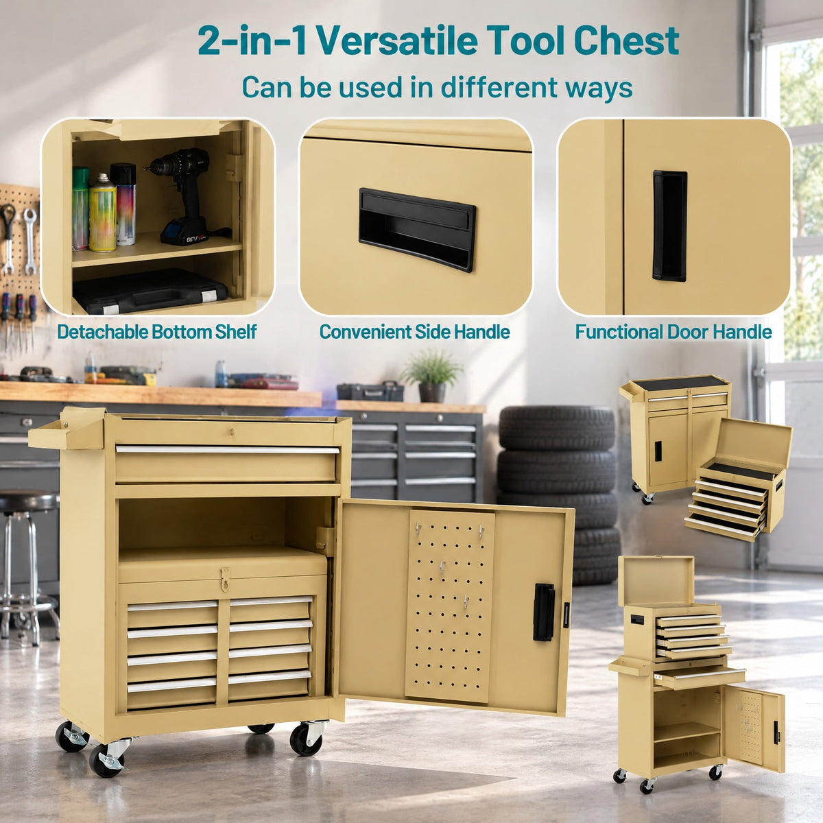 Airfind 2-in-1 Rolling Tool Chest with 5 Sliding Lockable Drawers, 220.5 lbs Capacity, Steel rubber-plastic synthetic Frame, Yellow
