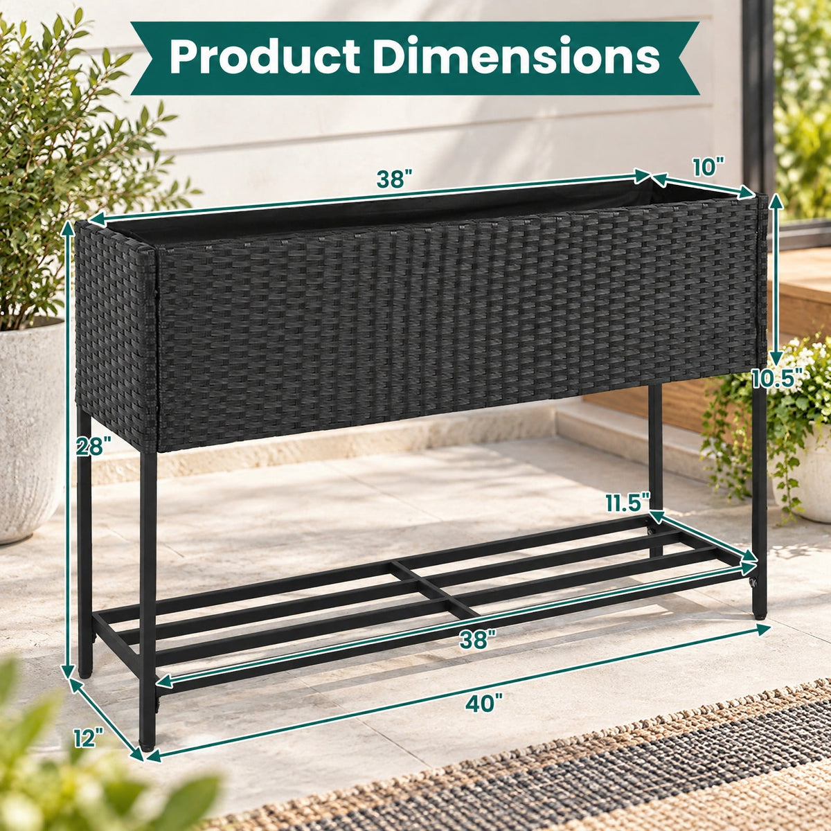 Airfind Raised Wicker Garden Bed with Storage Shelf and Removable Liner, 132 lbs Shelf Capacity, Metal Frame, 40 x 12 x 28 Planter Footprint