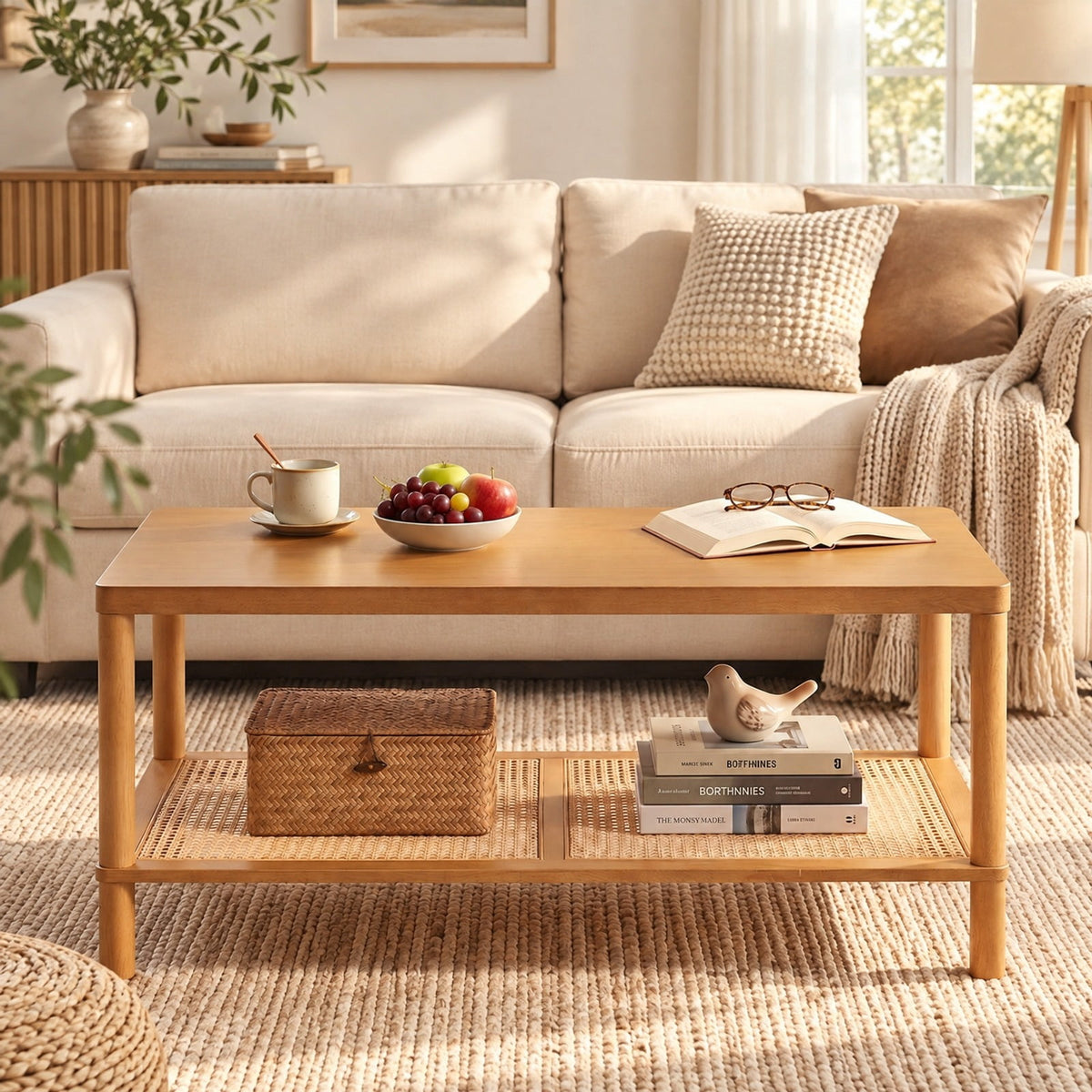 Airfind 2-Tier Boho Coffee Table for Living Room Rectangular Center Table with Rubber Wood Frame and PVC Rattan Storage Shelf, 185 lbs Capacity