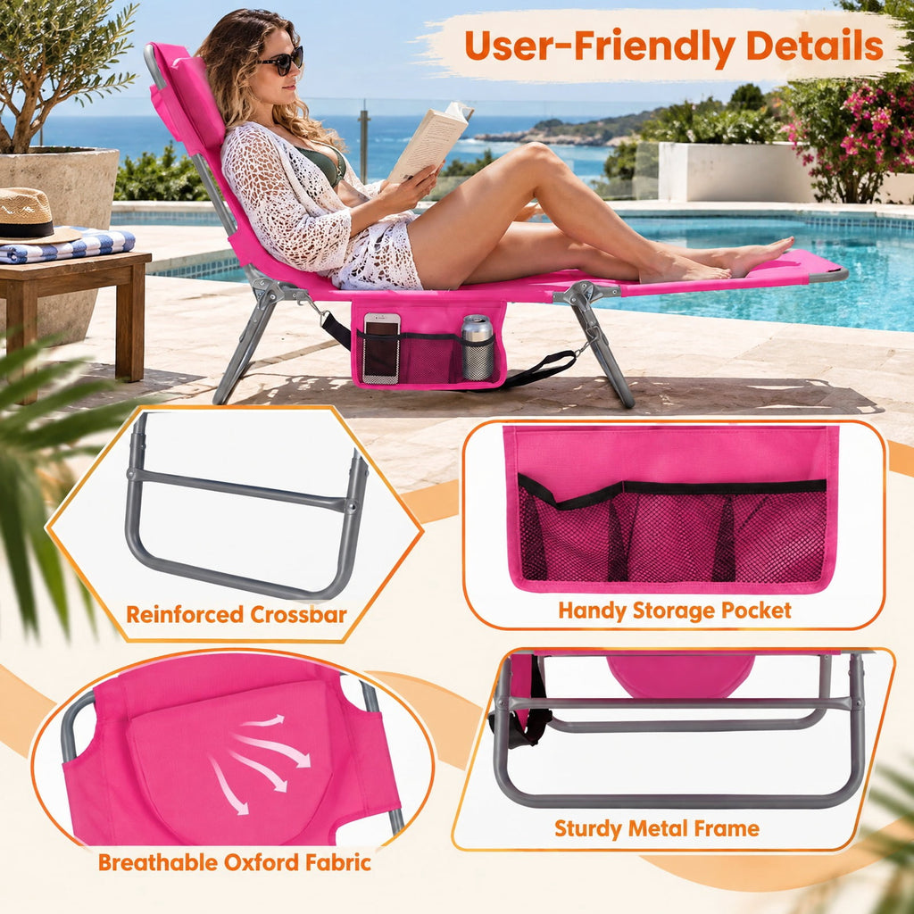 Airfind Folding Beach Lounge Chair with Adjustable Backrest for Lawn, 330 lbs Capacity, Metal Oxford Fabric Polyester Sponge Frame, Pink