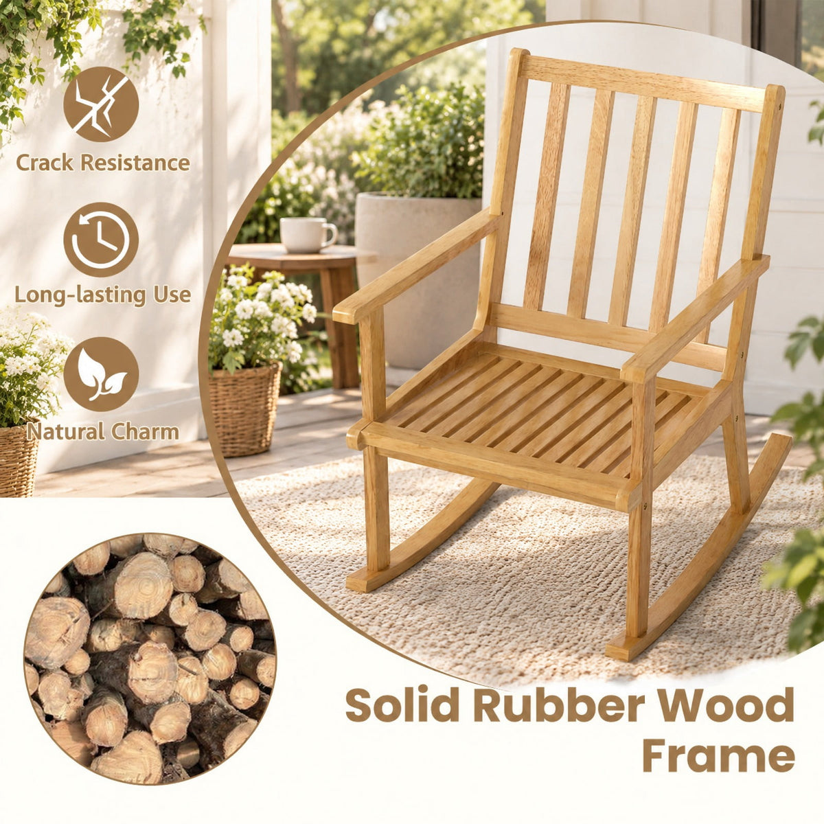 Airfind Rocking Chair with Cushion Solid Rubber Wood Rocker with Padded Seat, 160 kg Capacity, Rubber Wood Fabric Sponge Frame, Natural