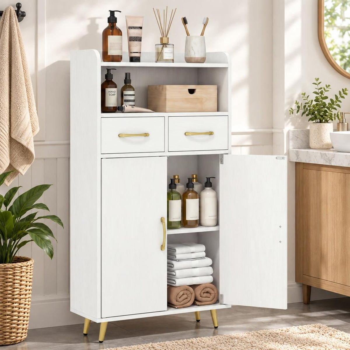 Airfind Bathroom Storage Cabinet Freestanding Floor Cabinet with 2 Drawers and 2 Doors, 44 lbs Capacity, Engineered Wood Metal Frame, White