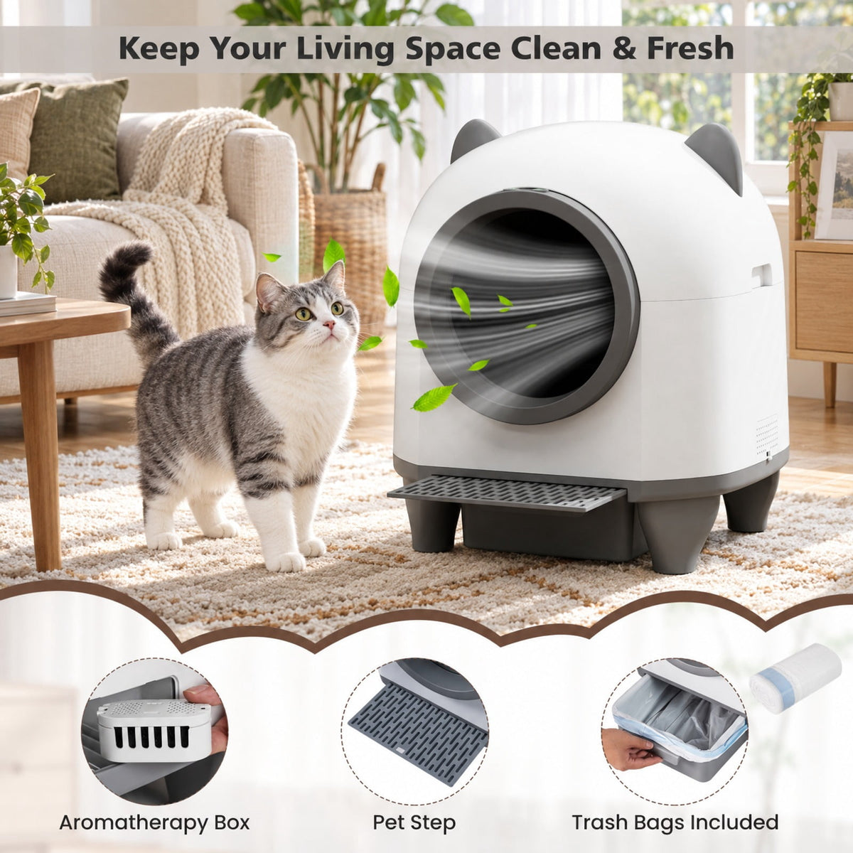 Airfind Self-Cleaning Litter Box for Multi-Cat Senior Cats Home, PP POM Frame, 22 x 20 x 23.5 (L x W x H) Drum Footprint, White