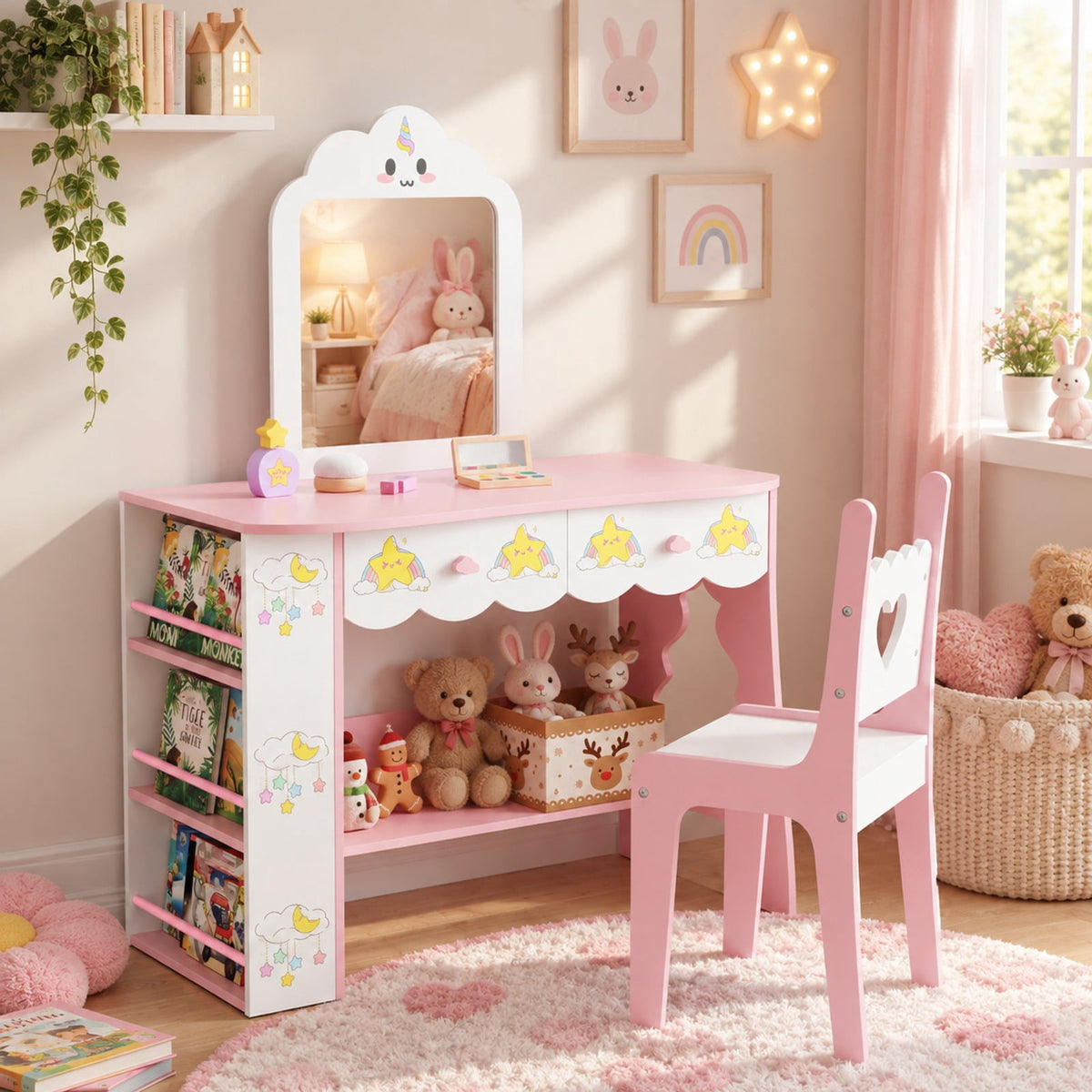 Airfind Youth Vanity Set Princess Girls Dressing Table featuring Mirror and Chair, 190 lbs Capacity, MDF Glass Frame, for 3-7 Years Old, White