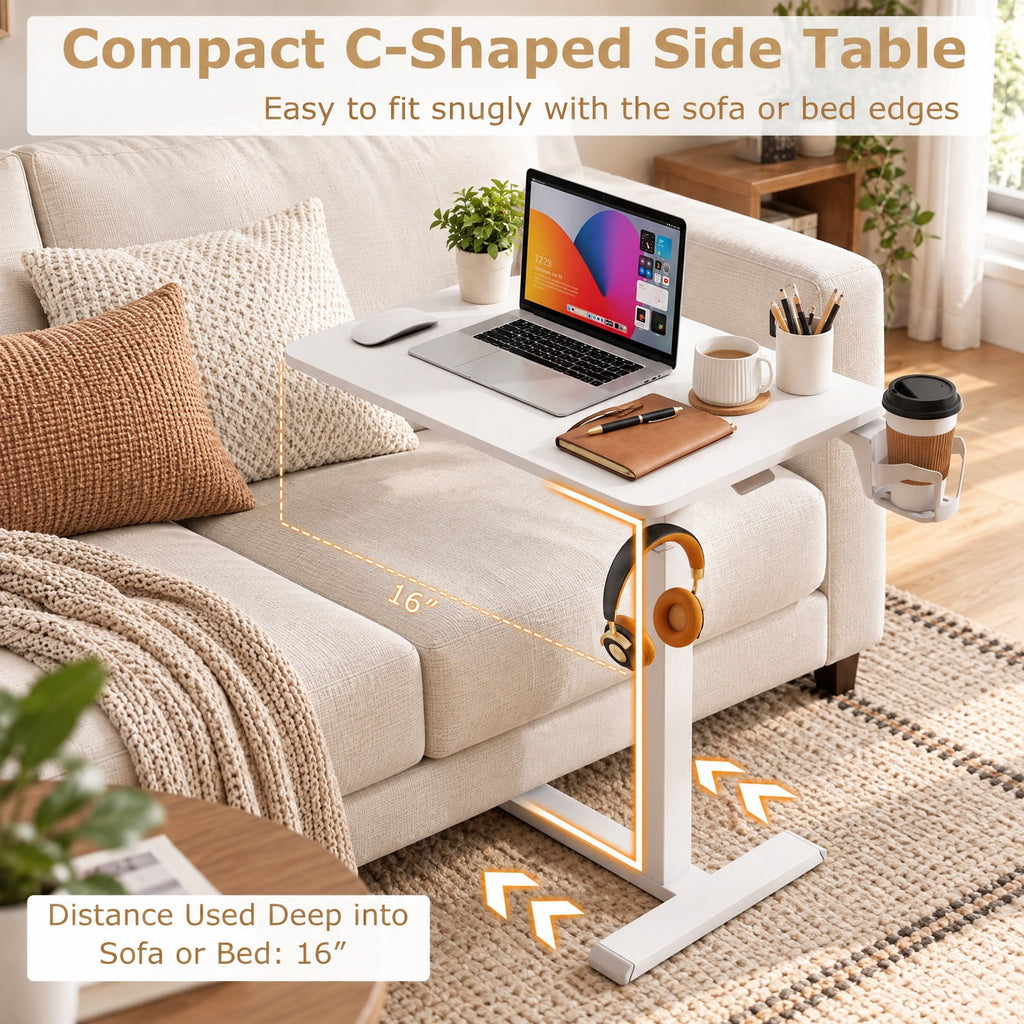 Airfind Mobile Standing Desk Height Adjustable Overbed Bedside Table with Cup Holder, 90 lbs Capacity, Engineered Wood Frame, White