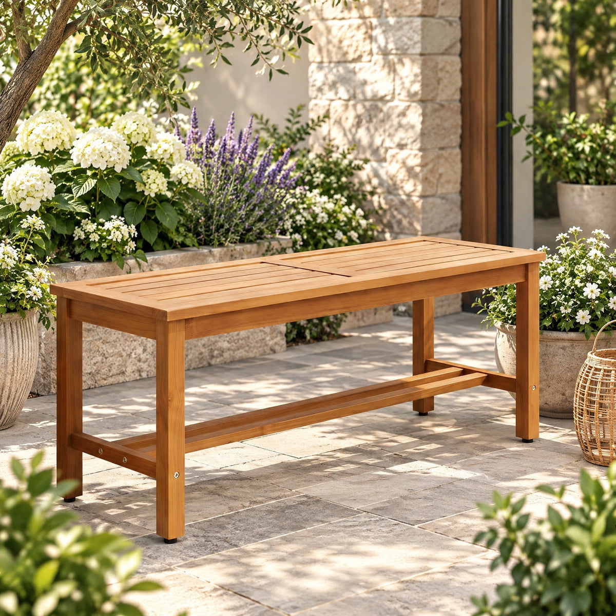 Airfind Outdoor Acacia Wood Patio Bench for 2 with Slatted Seat-1 Piece, 800 lbs Capacity, Acacia Wood Frame, 40 x 14 x 17 Footprint, Wood