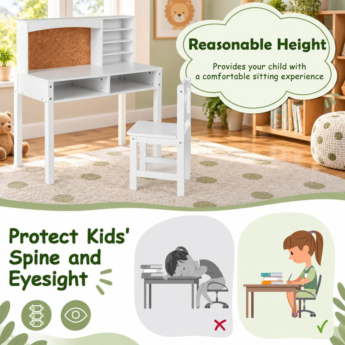 Airfind Kids Desk and Chair Set with Hutch and Bulletin Board for 3+ Kids, MDF Pine Wood Frame, 31 x 15.5 x 33.5 Footprint, White