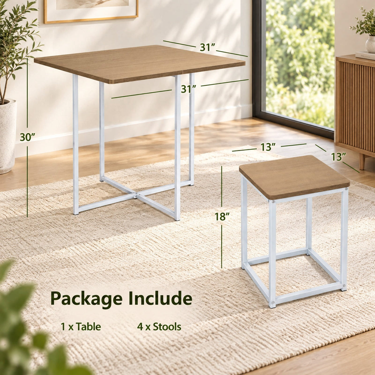 Airfind 5 Pieces Metal Frame Dining Set with Compact Dining Table and 4 Stools, Steel MDF Frame, 31in x 31in x 30in Footprint, Natural