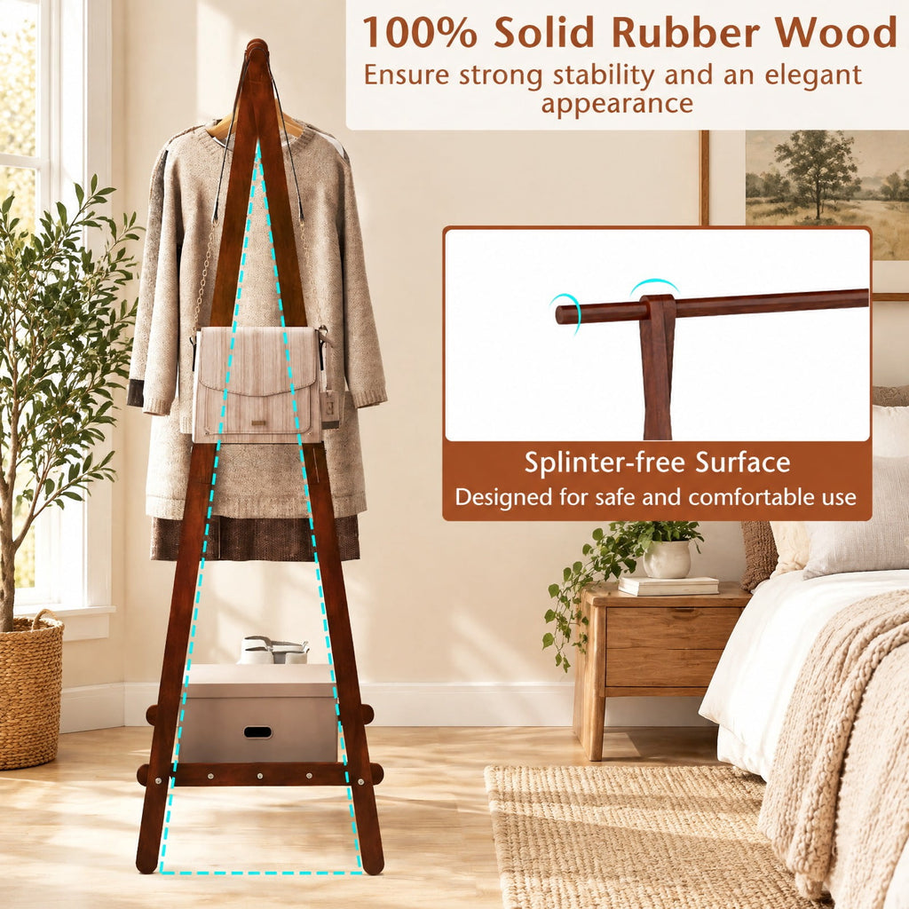 Airfind Folding Rubber Wood Clothes Hanging Rack Standing Garment Rack with Bottom Storage Shelf, 33 lbs Capacity, Rubber Wood Unfolding Frame